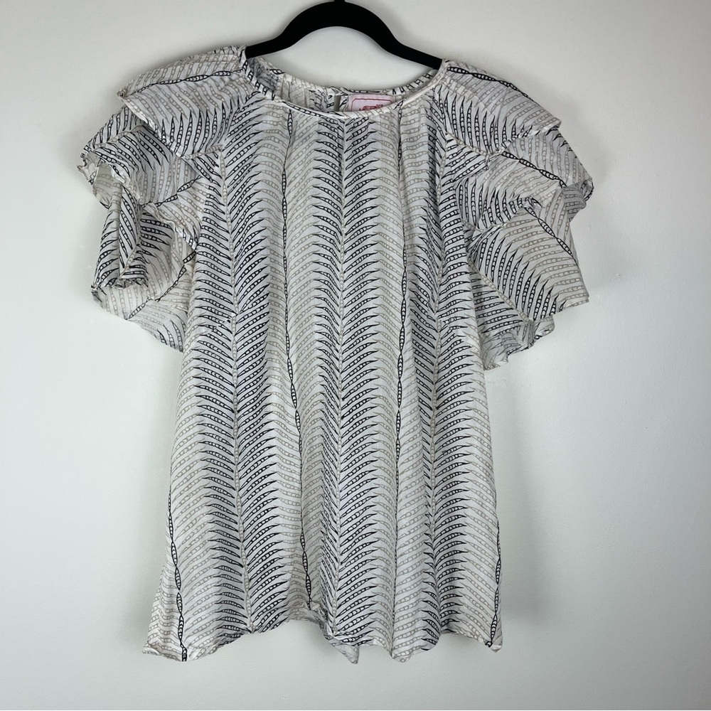 BANJANAN Andrea Ruffle Flutter Sleeve Polynesian Printed Blouse Large